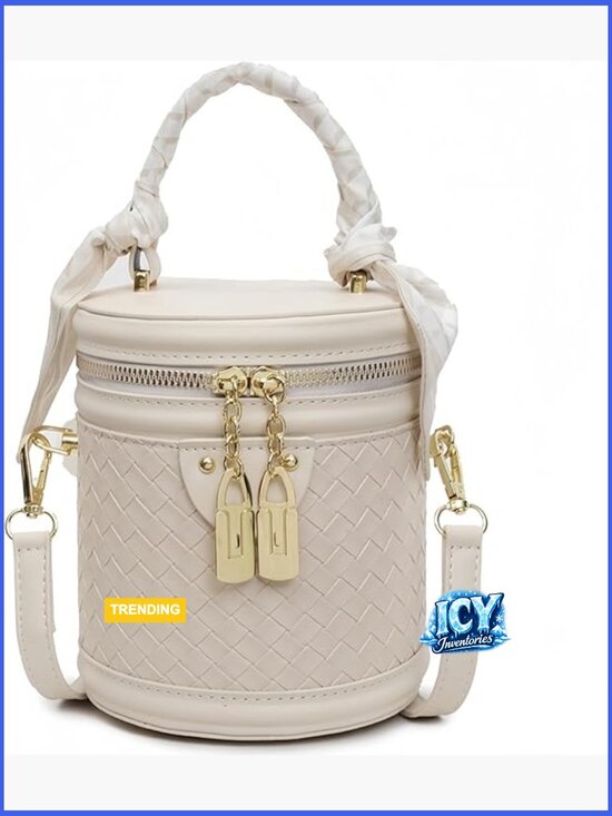 Handbags - Mini Bucket Crossbody Bag Vegan Leather Woven Texture Zip Closure Shoulder